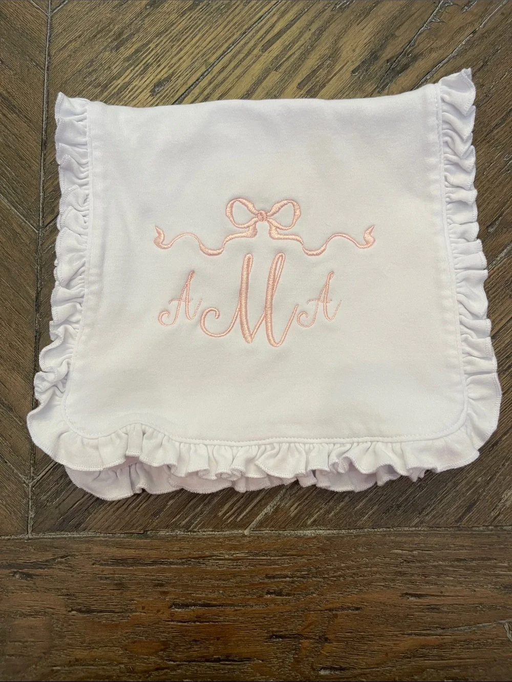 Monogrammed Ruffle Baby Burp Cloth- Pink Embroidery AMA